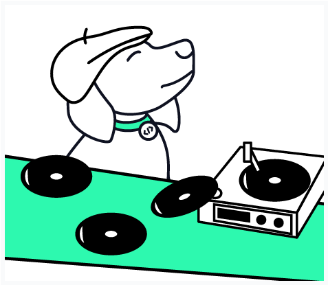 Cartoon dog wearing a beret in front of a record player
