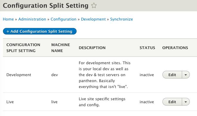 Config Splits list. Both dev and live splits are inactive.