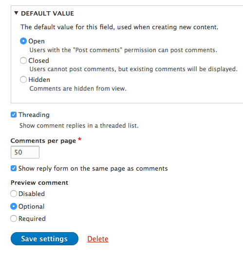 Configure comment settings screenshot