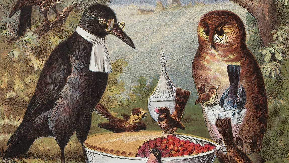 painting of birds eating a cherry pie