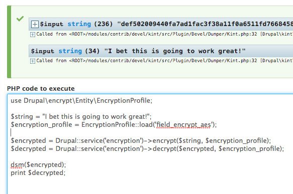 screenshot of programmatic encryption using devel PHP