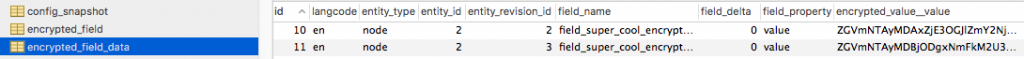 screenshot of encrypted data in database
