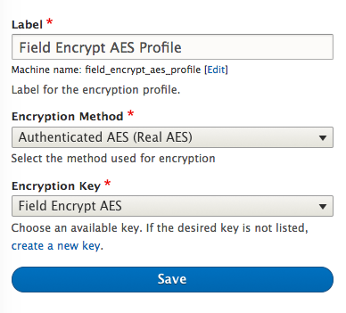 screenshot showing the encryption profile form