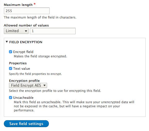 screenshot of filed encrypt settings on a plain text field