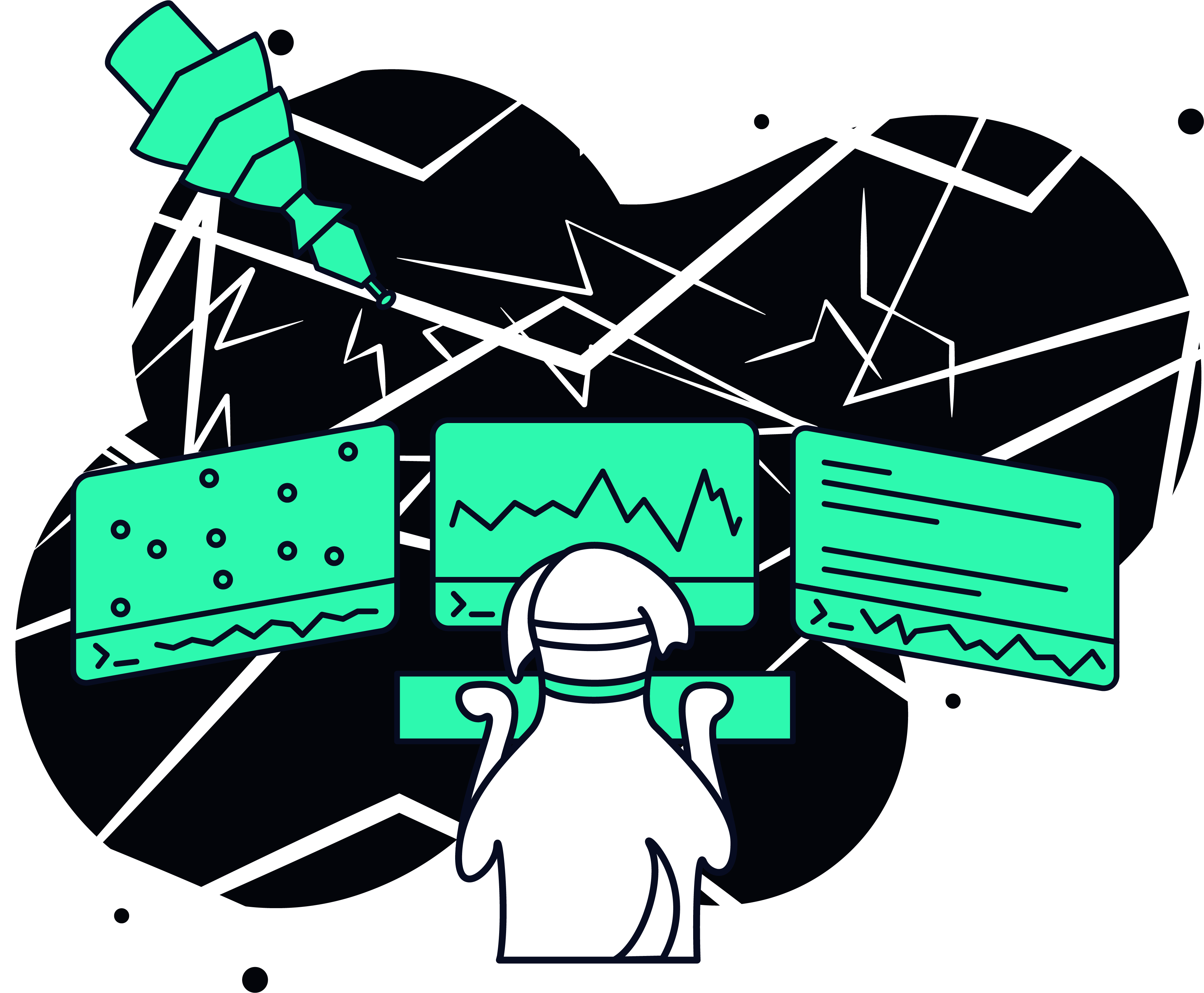 drawing of dog hard at work on scifi computers