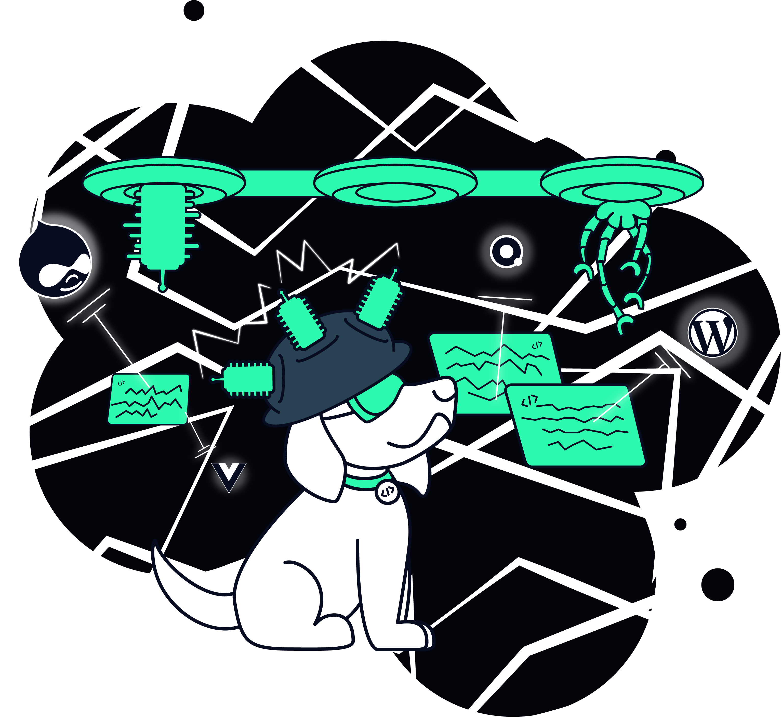 drawing of dog using a scifi machine to build websites
