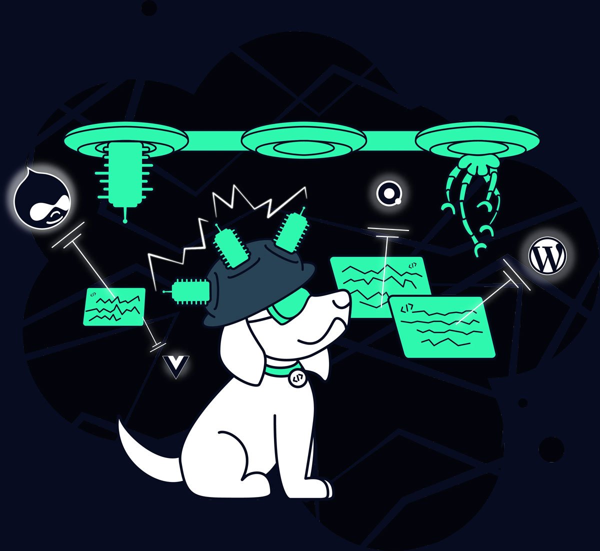 drawing of dog using a sci-fi machine to build websites