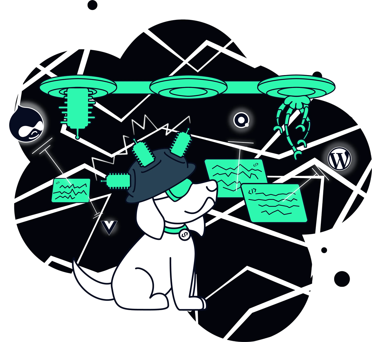 drawing of dog using a sci-fi machine to build websites