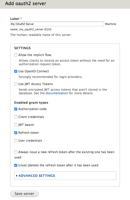 Screenshot of OAuth2 server setup