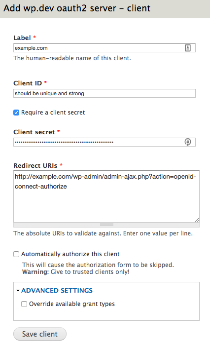 screenshot of oauth2 client setup