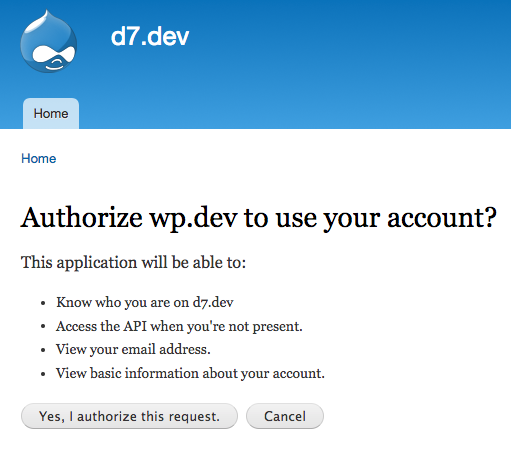 screenshot of Drupal asking for authorization to use the user account
