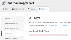 Pantheon ssh key dashboard showing that I have a key uploaded.