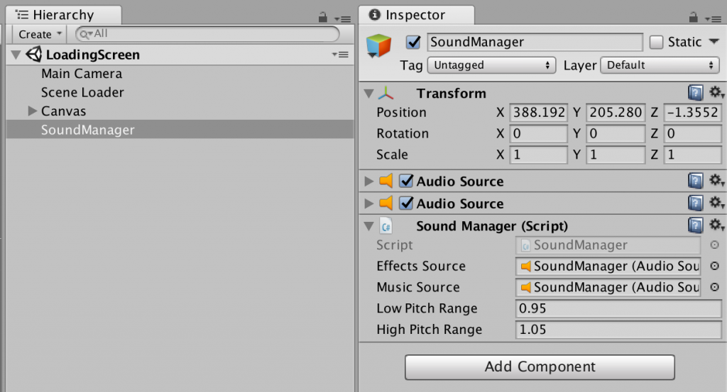 game editor ui showing a GameObject with 2 AudioSource components, and one SoundManager componment.